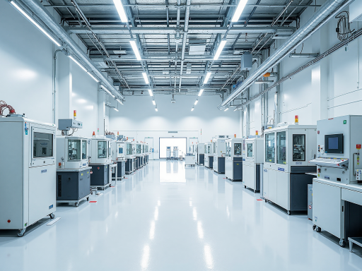 Modern manufacturing facility with automated production lines, clean room environment, and advanced equipment for storage chip production